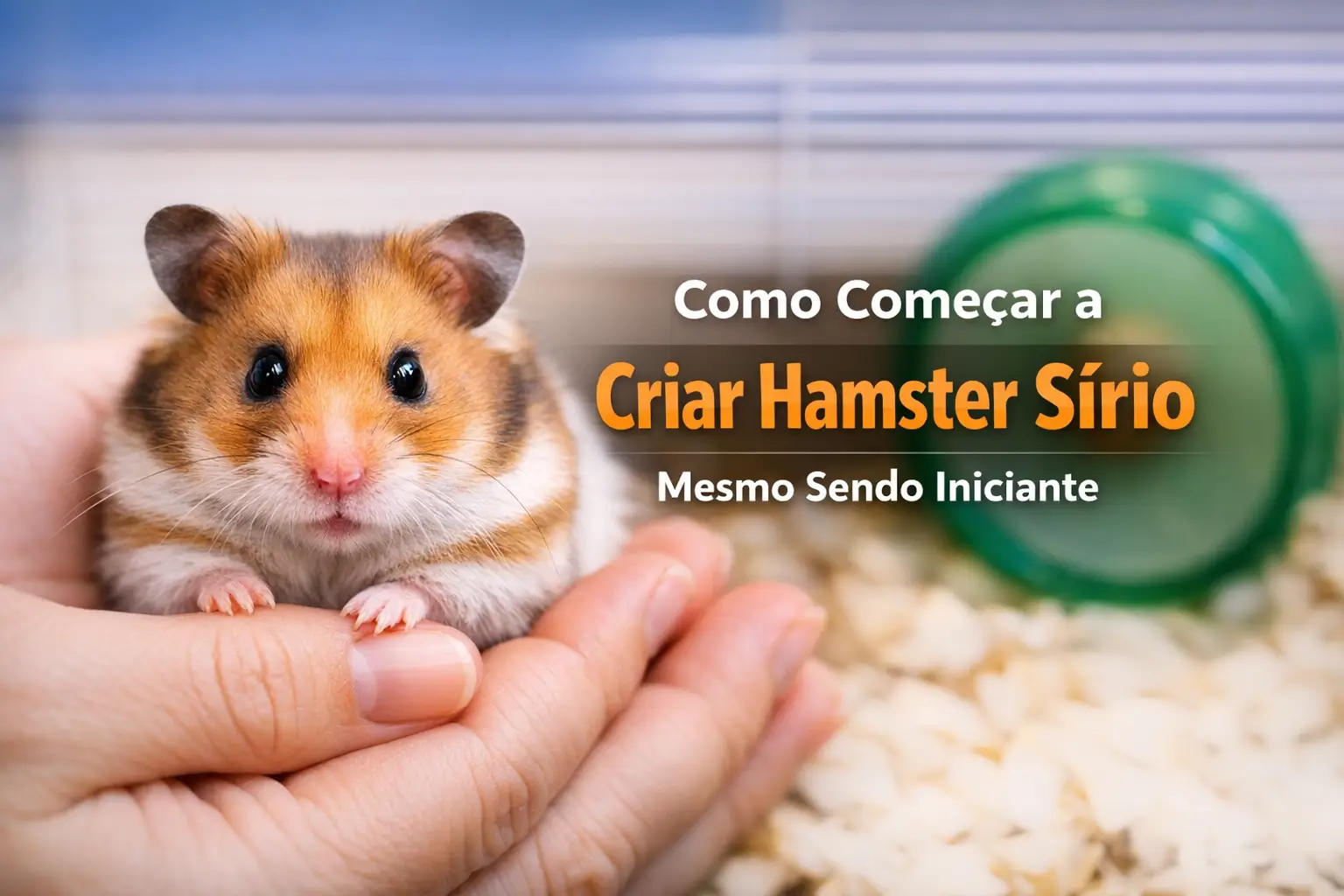 Hamster Sírio com pelagem laranja e marrom sendo segurado na mão, com habitat ao fundo