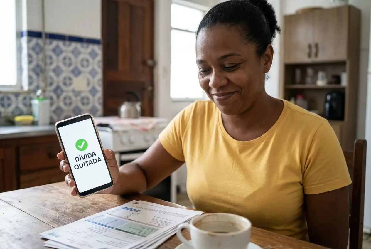 Mulher feliz segurando celular com 'DÍVIDA QUITADA' e documentos ao fundo