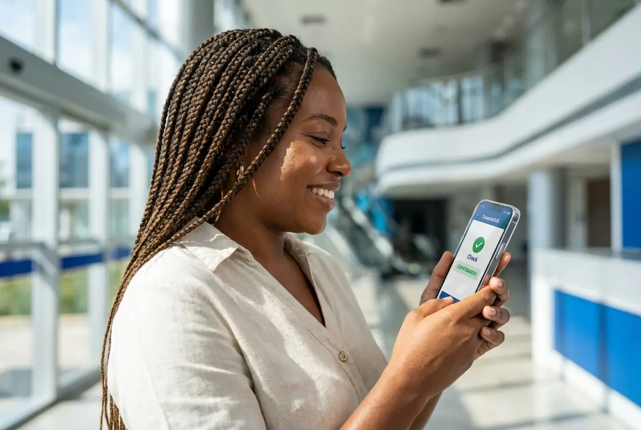 Mulher com cabelo trançado segura smartphone com confirmação de check-in em hospital inteligente