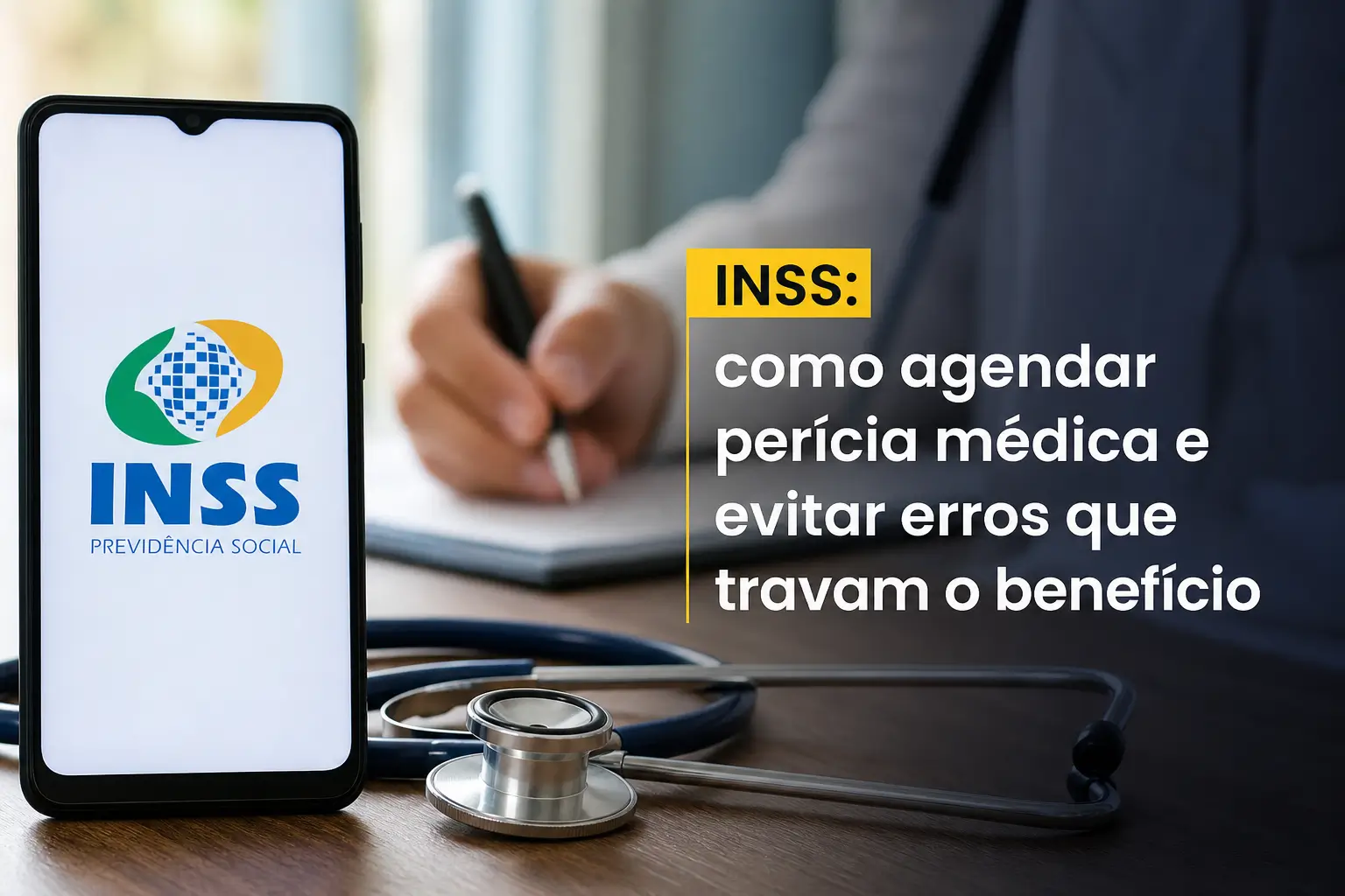 Smartphone com logo INSS e estetoscópio em mesa de exame médico
