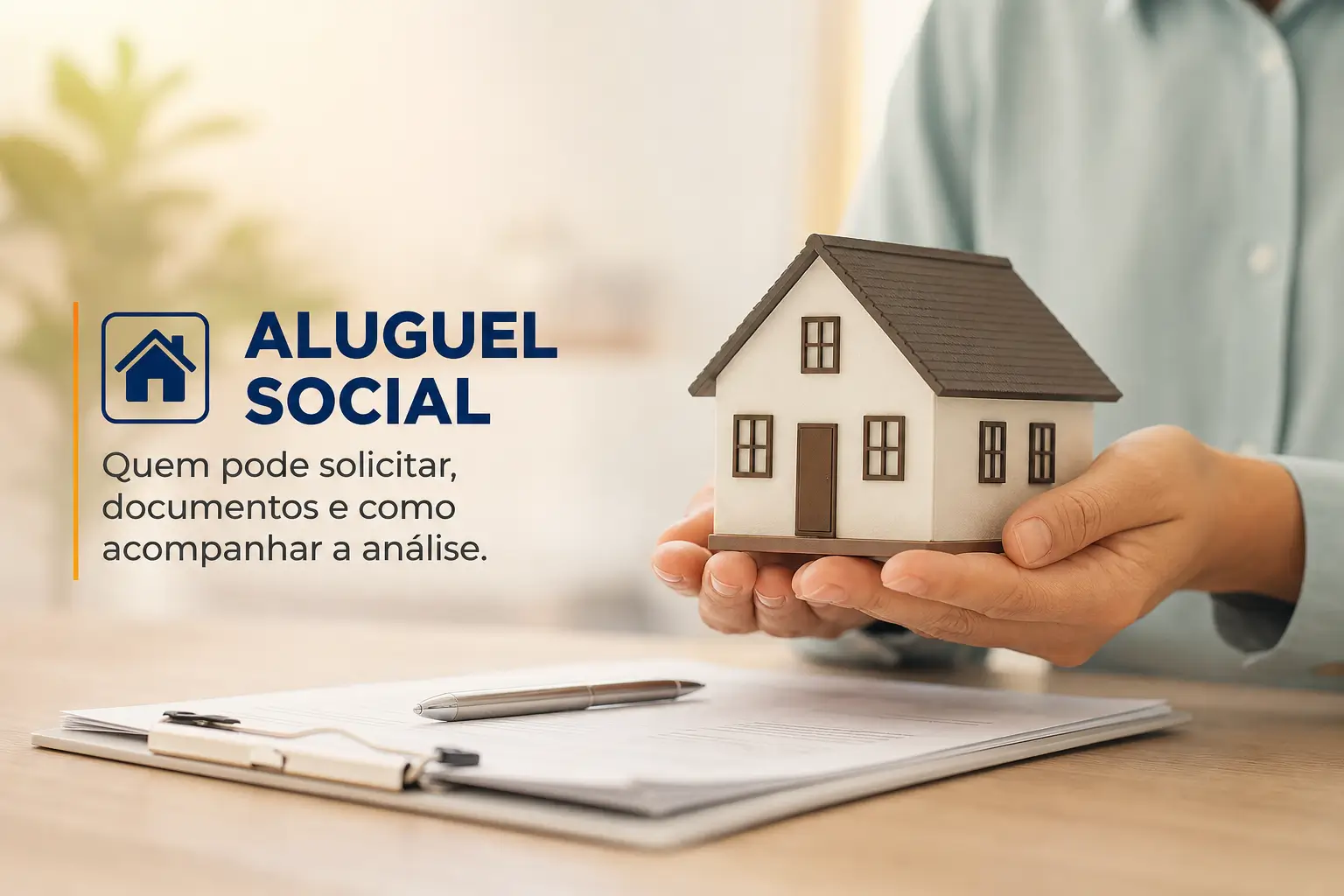 Mão segurando casa modelo sobre documento com texto 'Aluguel Social'