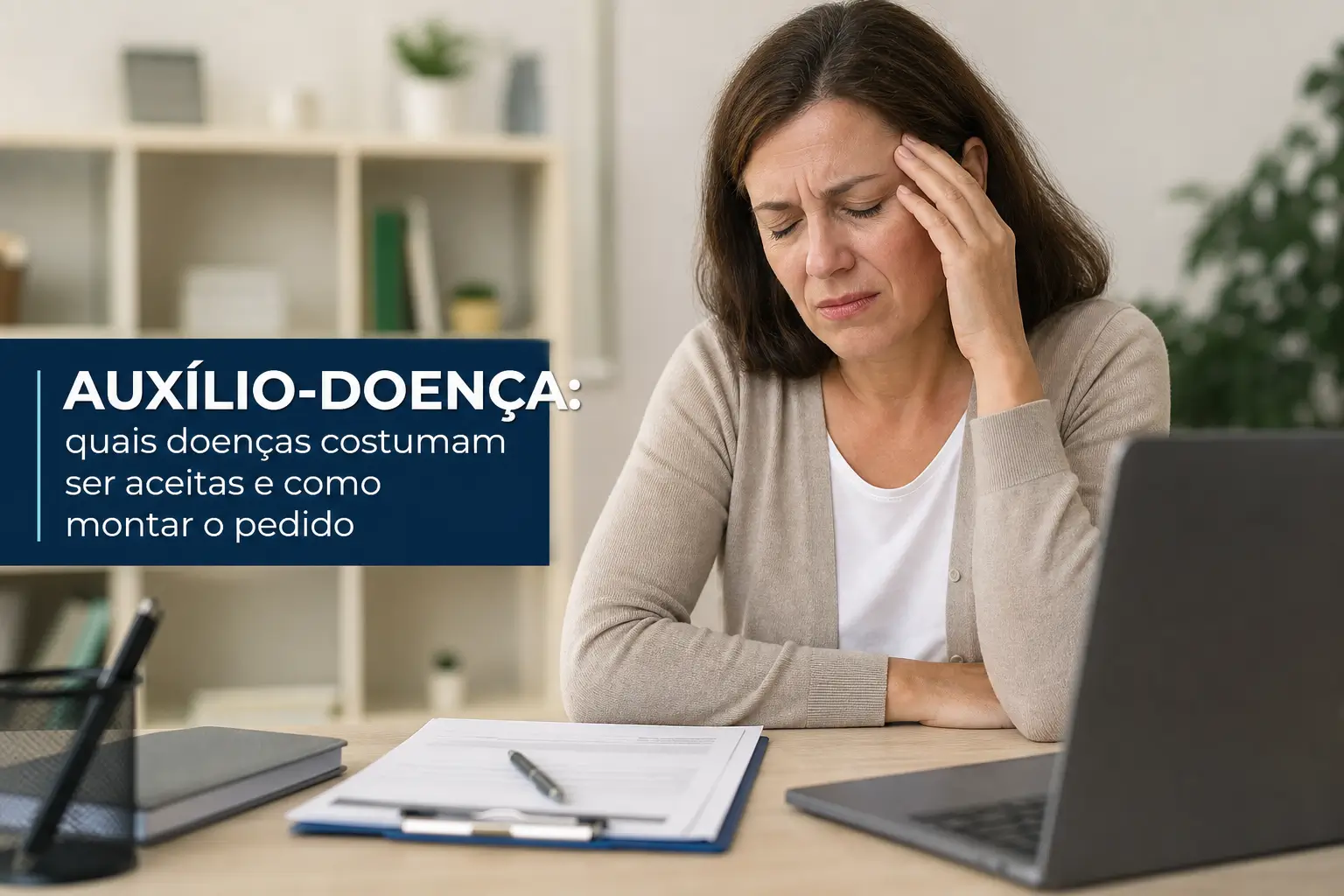 Mulher preocupada no escritório com texto sobre auxílio-doença