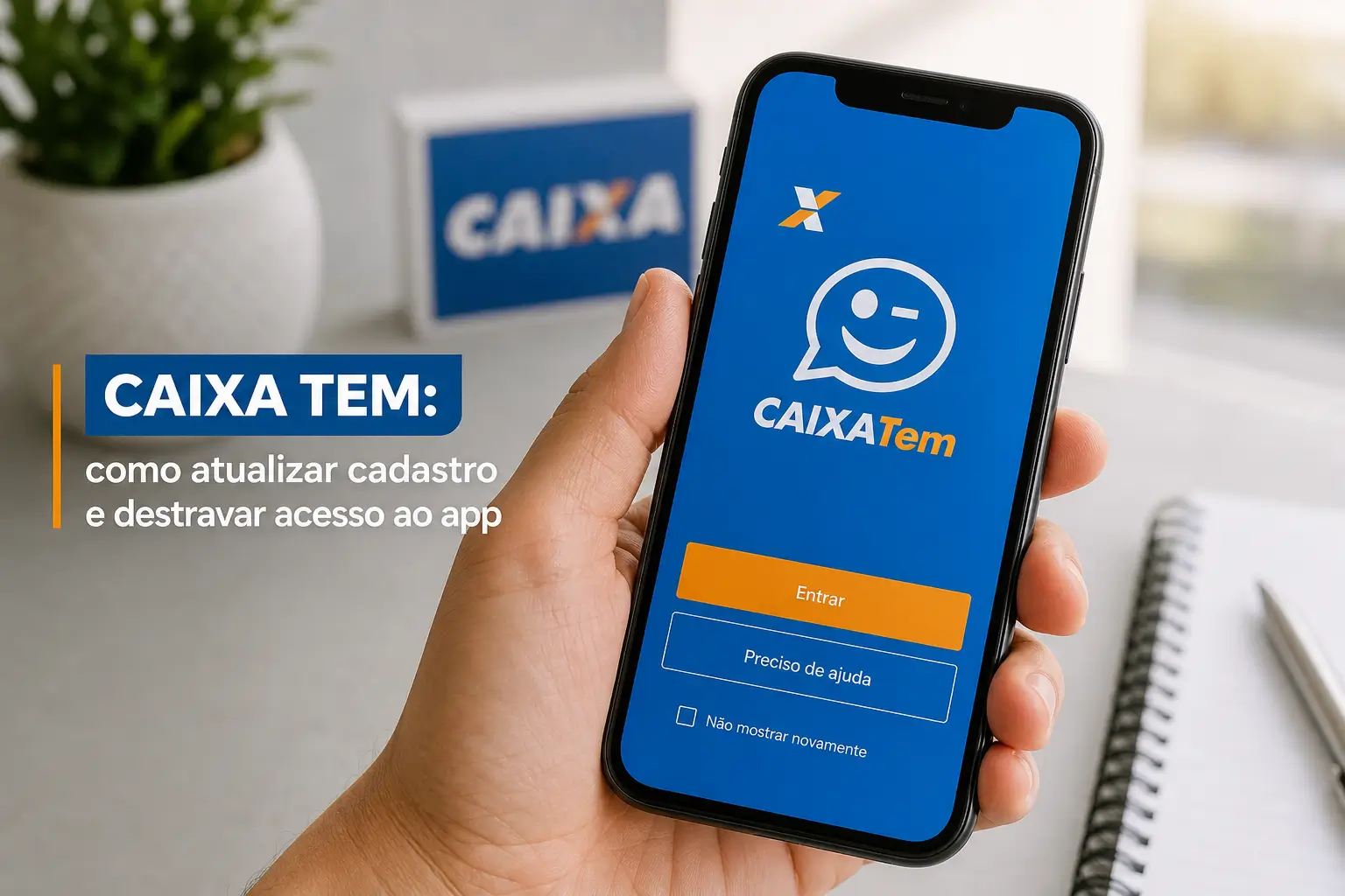 Smartphone com login do app CaixaTem e opção de ajuda