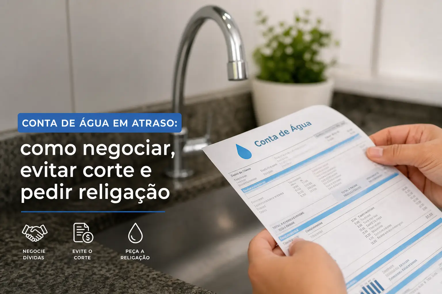 Mão segurando conta de água atrasada na cozinha