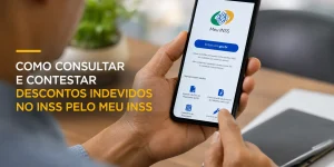 Smartphone com tela de login Meu INSS e mensagem 'Entrar com gov.br'.