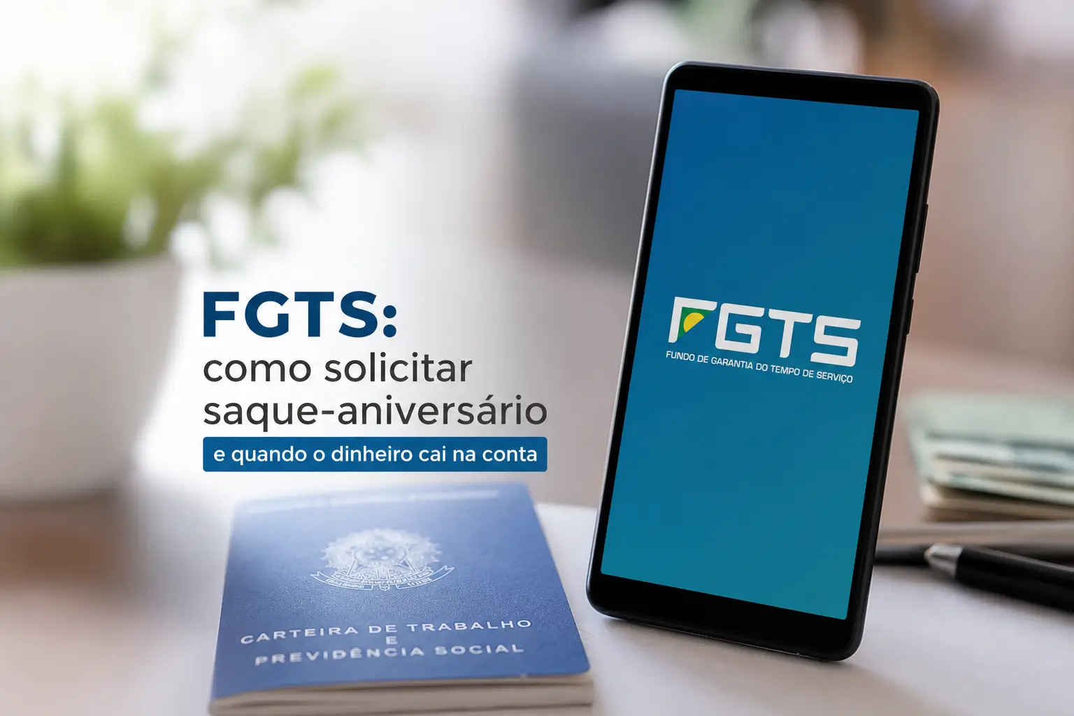 Smartphone com texto do FGTS e Carteira de Trabalho no escritório
