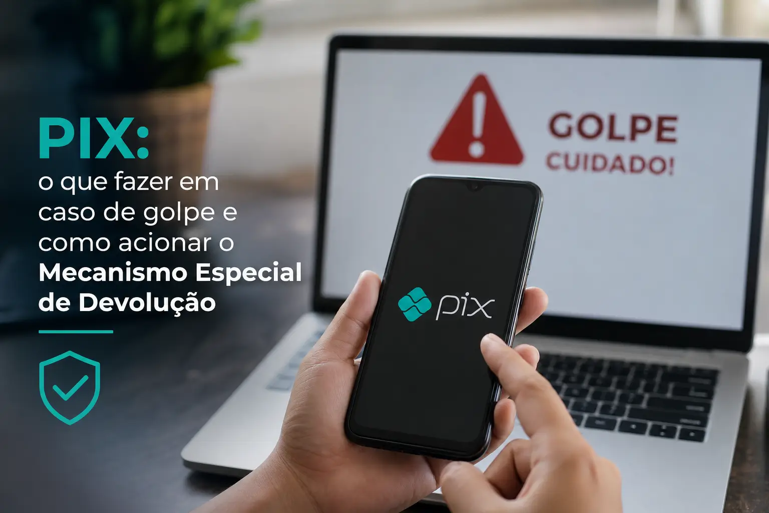 Aviso de golpe no PIX em smartphone e laptop com texto de proteção