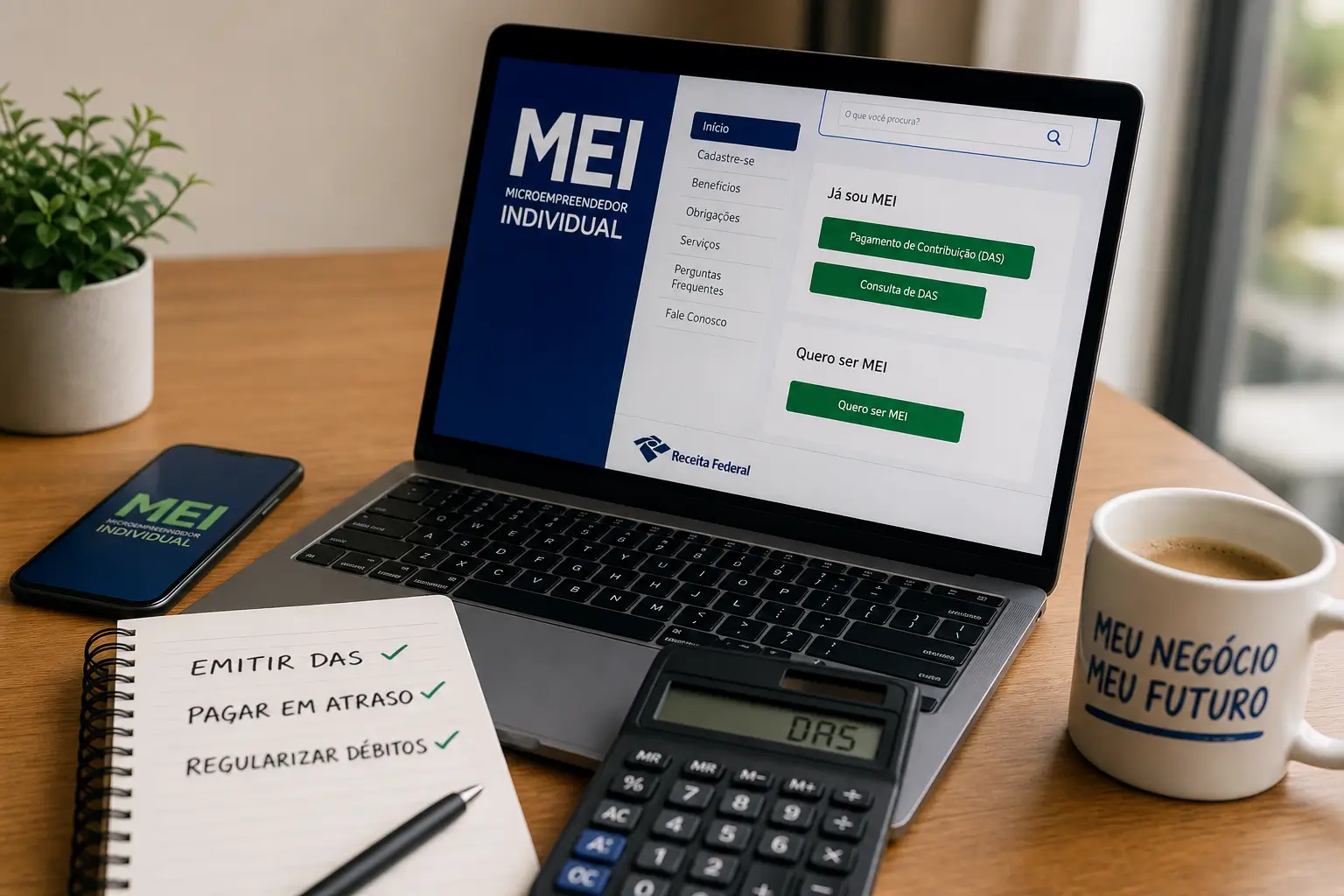 Laptop e celular exibindo site do MEI para pagamentos DAS
