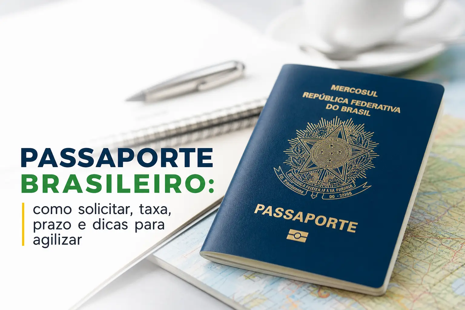 Passaporte brasileiro sobre mapa mundial com dicas para solicitar