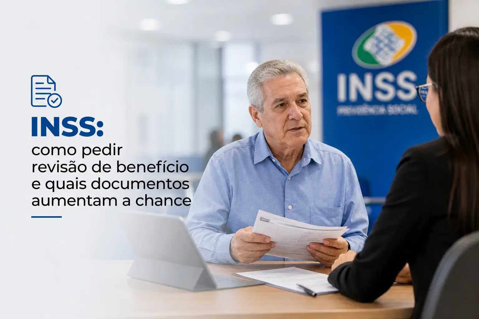 Homem com documentos em frente à placa INSS para revisão de benefício