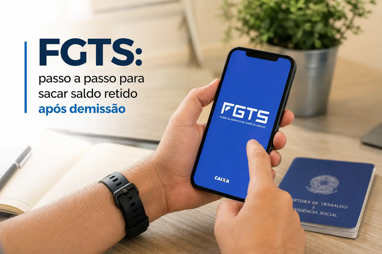 Pessoa com celular exibindo app FGTS, escritório ao fundo