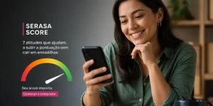 Mulher sorridente olhando smartphone com gráfico SERASA SCORE