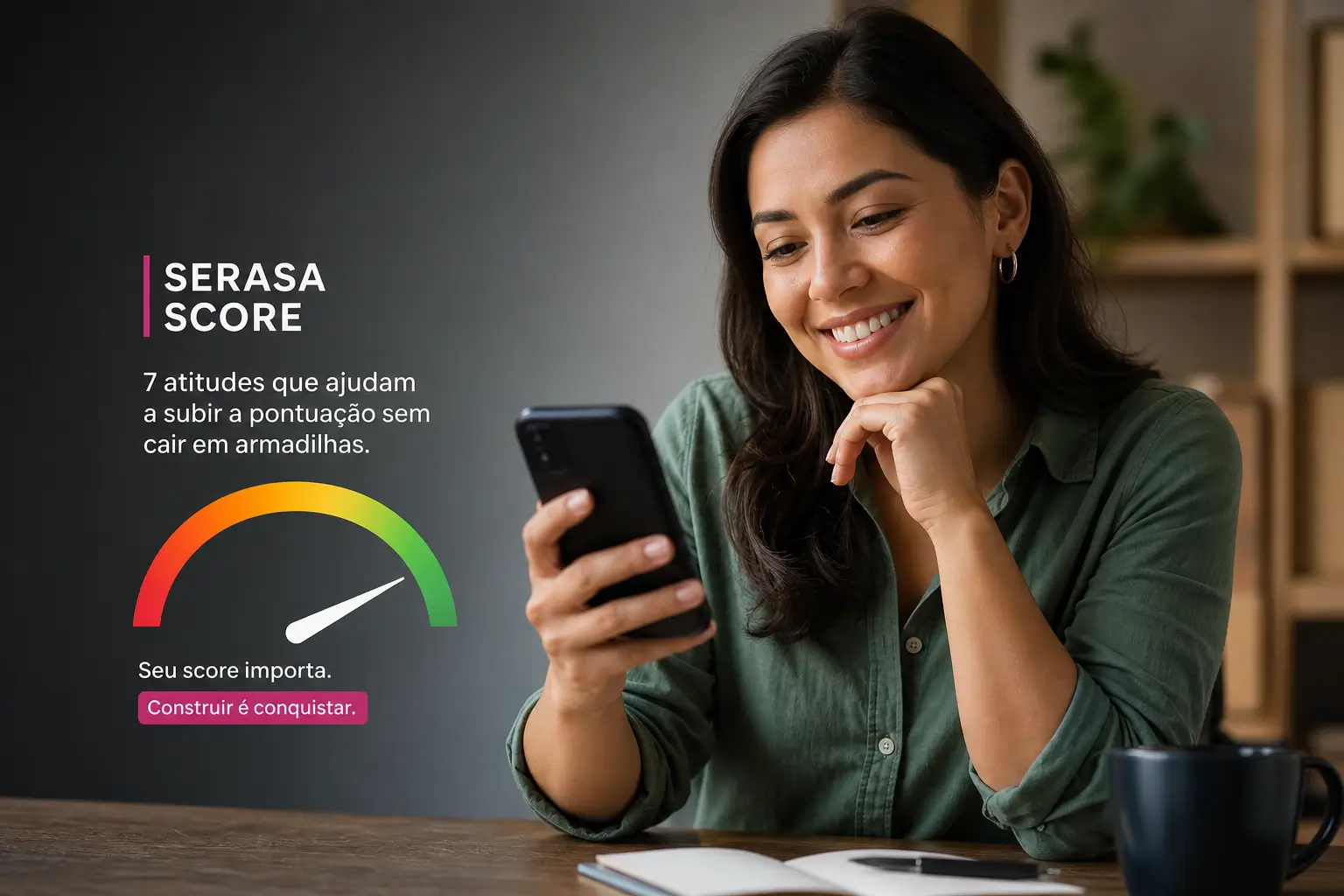 Mulher sorridente olhando smartphone com gráfico SERASA SCORE