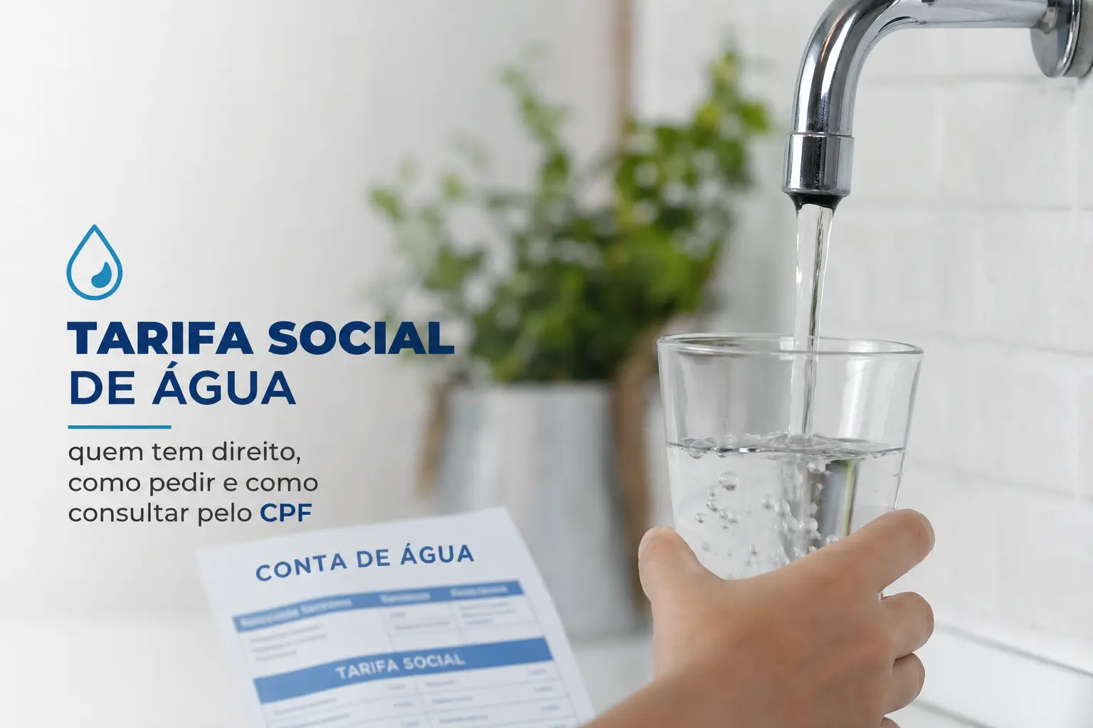 Água sendo servida em um copo de uma torneira cromada