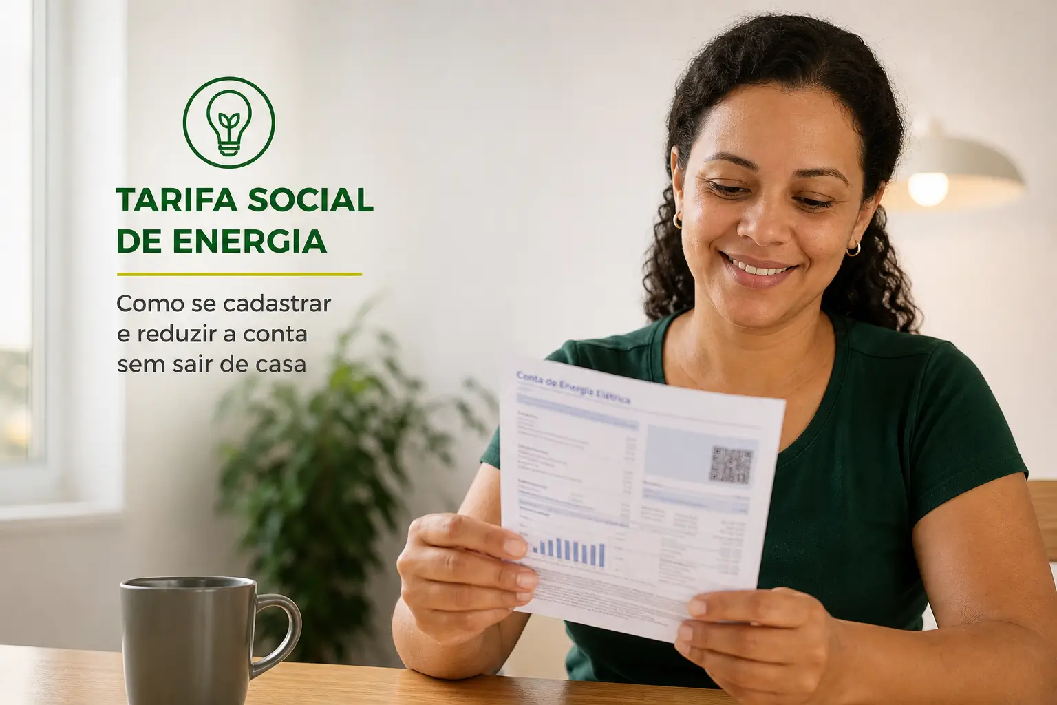 Mulher sorrindo segurando conta de luz ao lado de texto sobre tarifa social