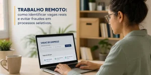 Mulher trabalhando em laptop com 'Vagas de Emprego' na tela
