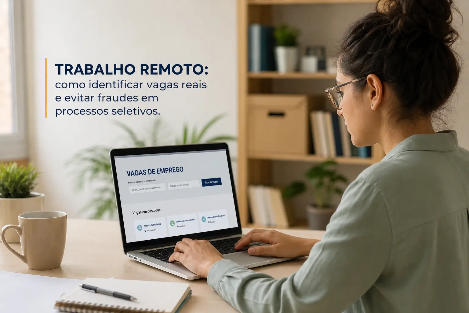 Mulher trabalhando em laptop com 'Vagas de Emprego' na tela