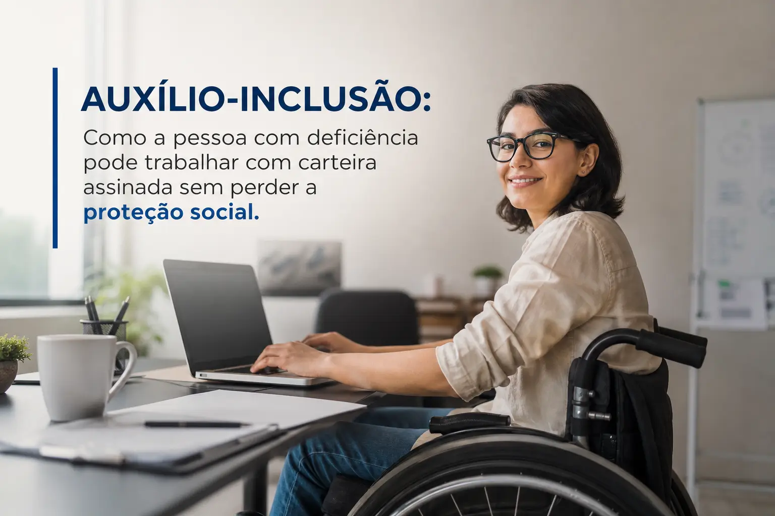 Mulher com deficiência trabalhando em escritório com notebook