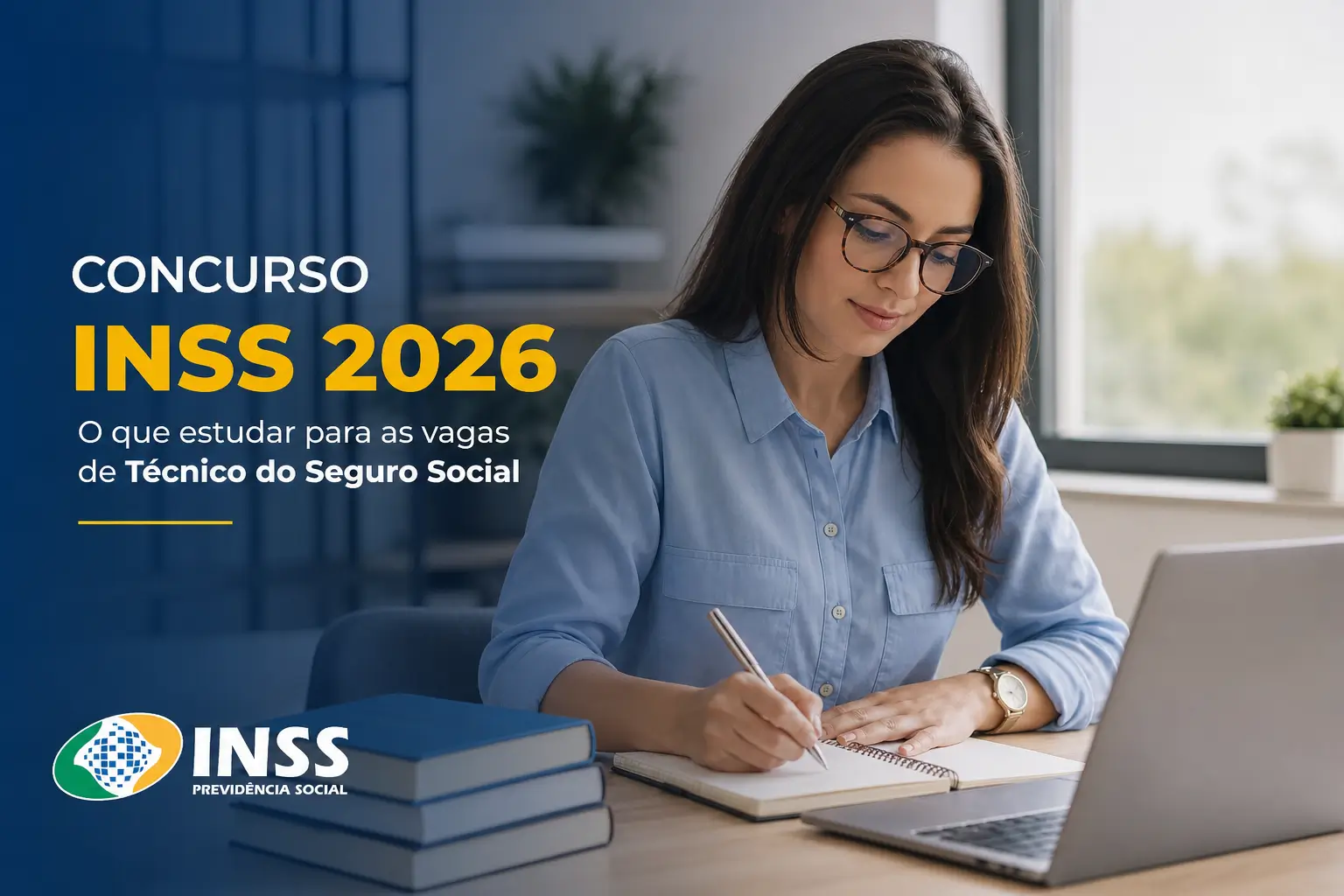 Mulher escrevendo sobre Concurso INSS 2026 em escritório