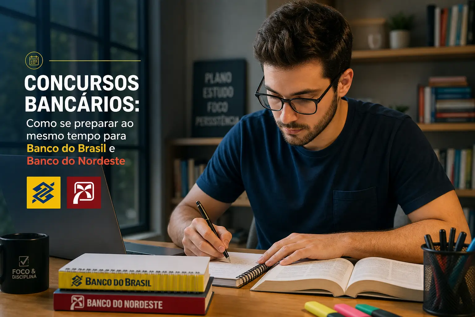 Jovem estudando para concursos bancários Banco do Brasil e Nordeste