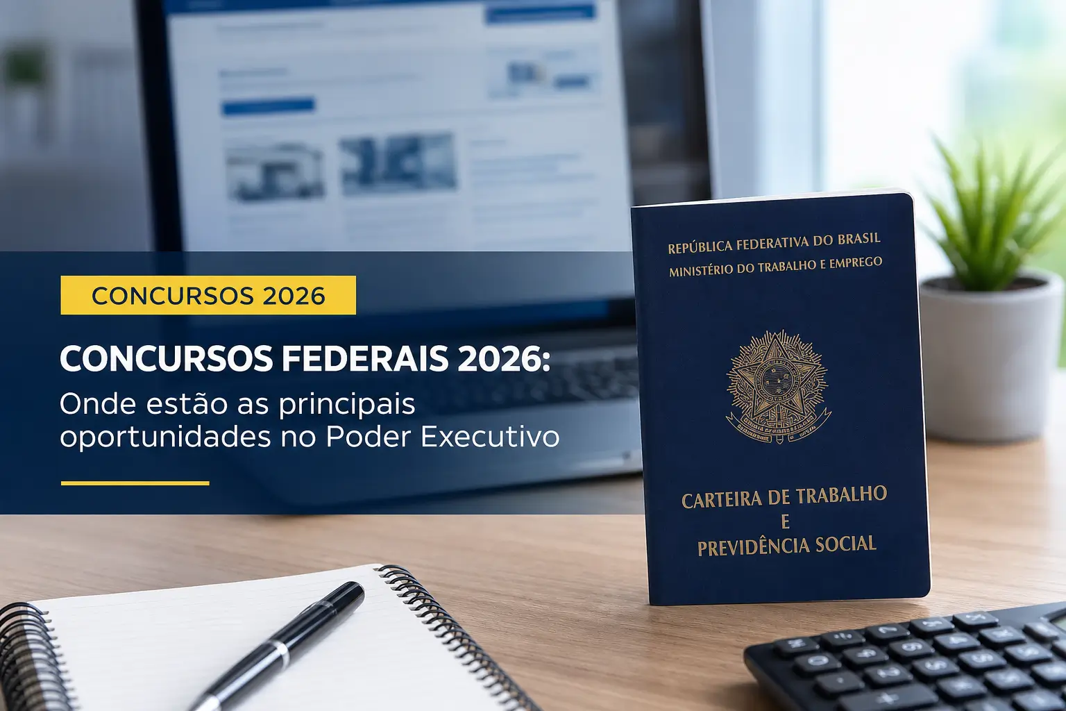 Carteira de Trabalho brasileira e monitor com texto sobre concursos 2026