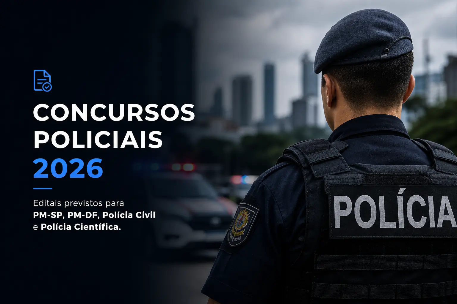 Policial em uniforme preto com boina em concursos 2026