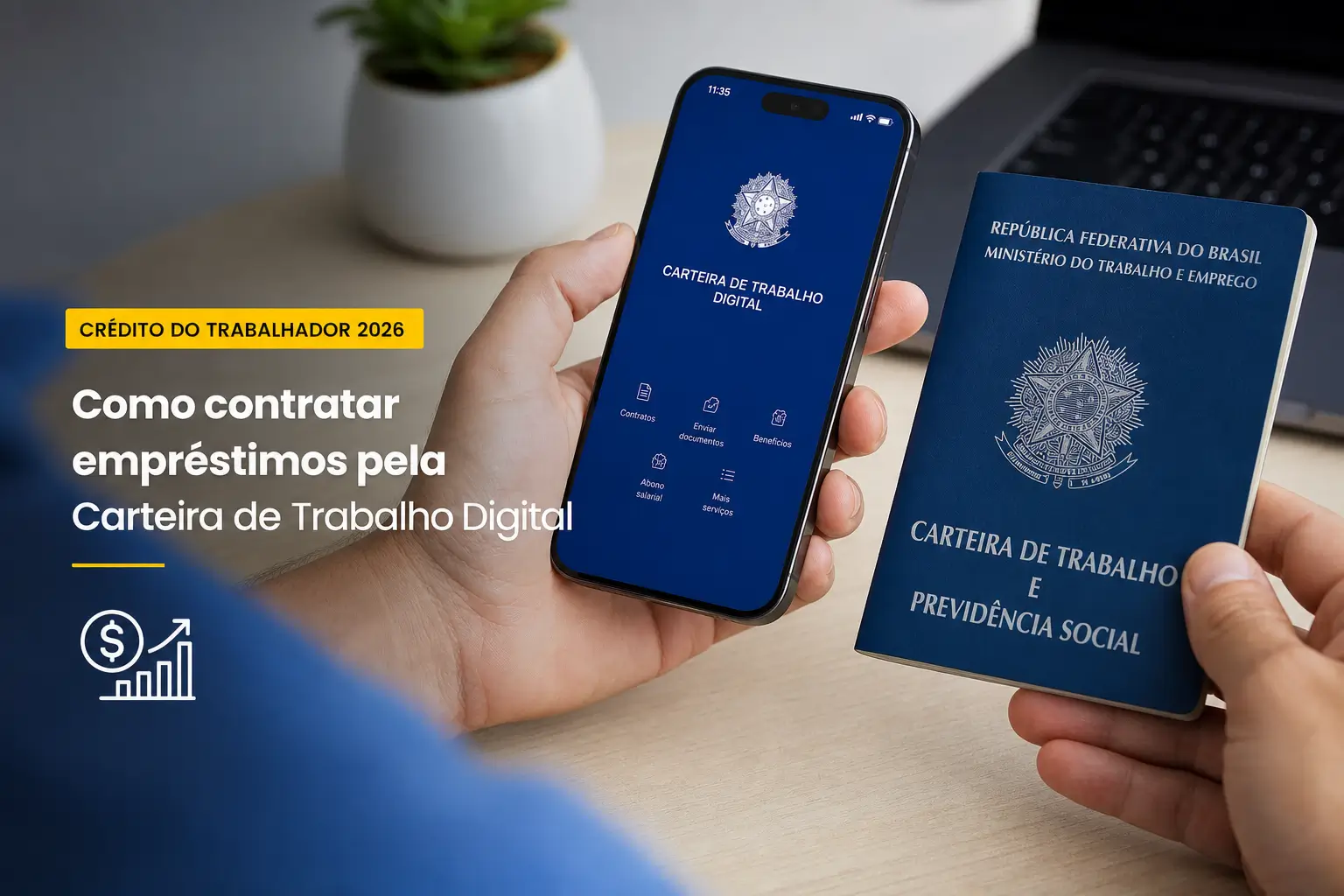 Smartphone com Carteira de Trabalho Digital e livro azul