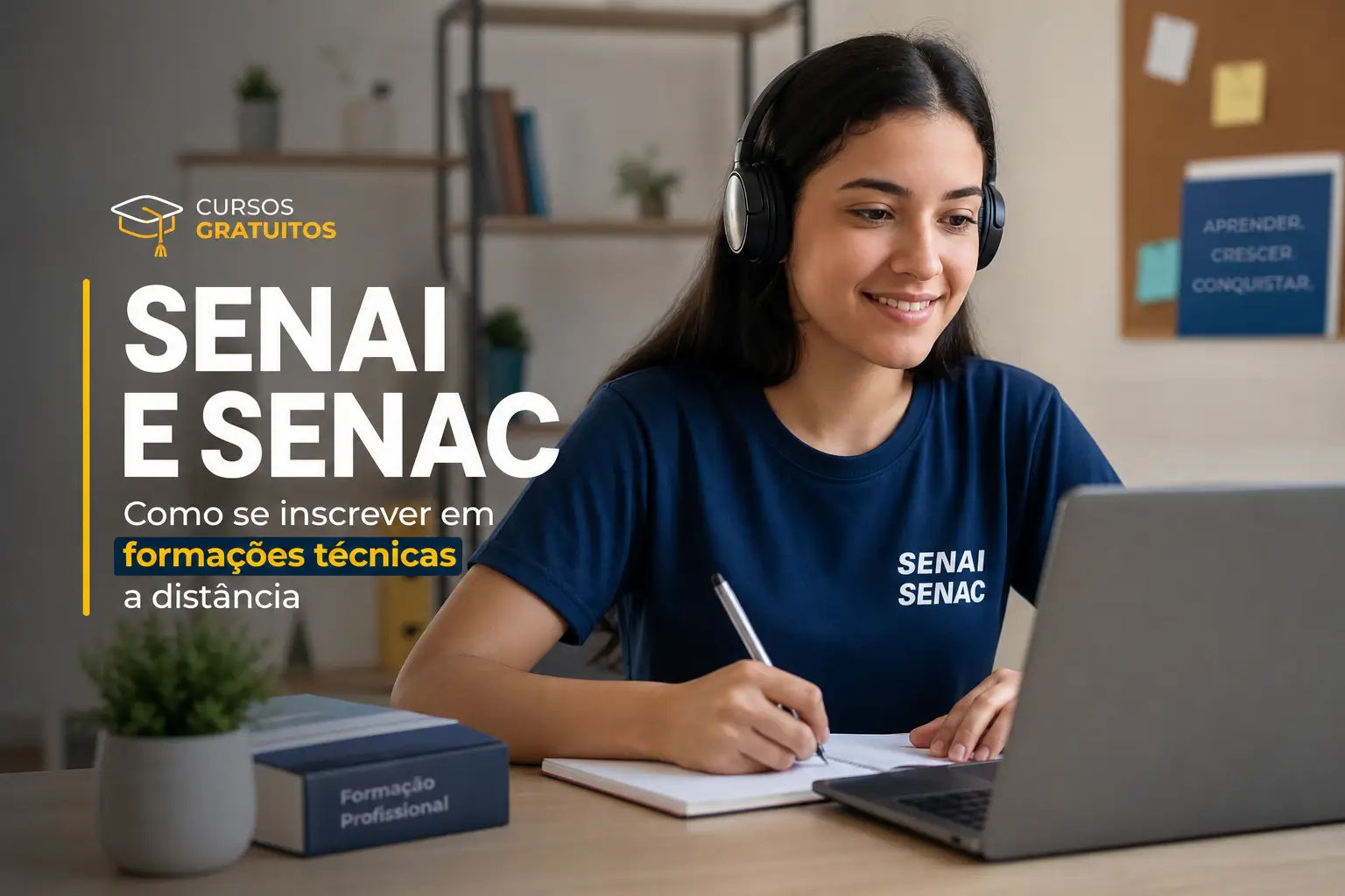 Mulher jovem escrevendo com fone de ouvido e laptop SENAI SENAC