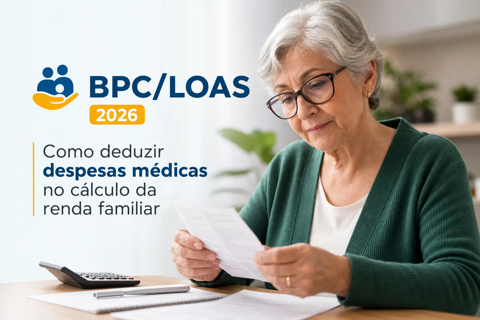 Idosa revisando documentos sobre dedução de despesas médicas BPC/LOAS