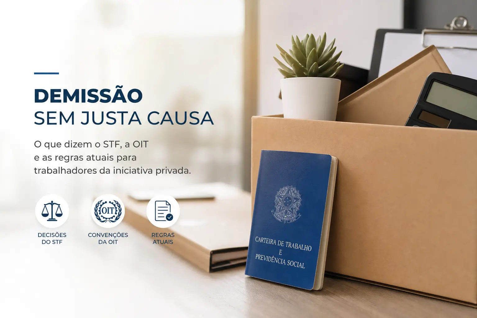 Carteira de Trabalho azul em mesa com pasta aberta e ícones informativos