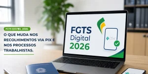 Laptop com gráfico FGTS Digital 2026 e cartão azul ao lado