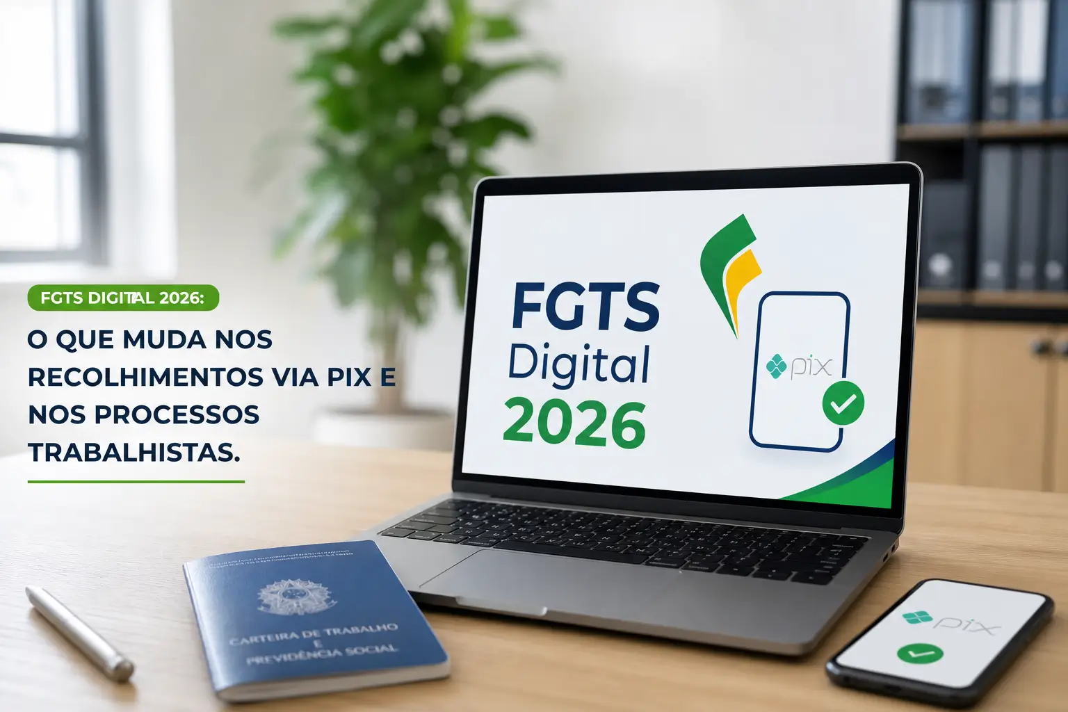 Laptop com gráfico FGTS Digital 2026 e cartão azul ao lado