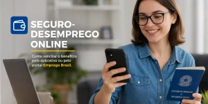 Mulher com óculos usa smartphone e laptop com Carteira de Trabalho