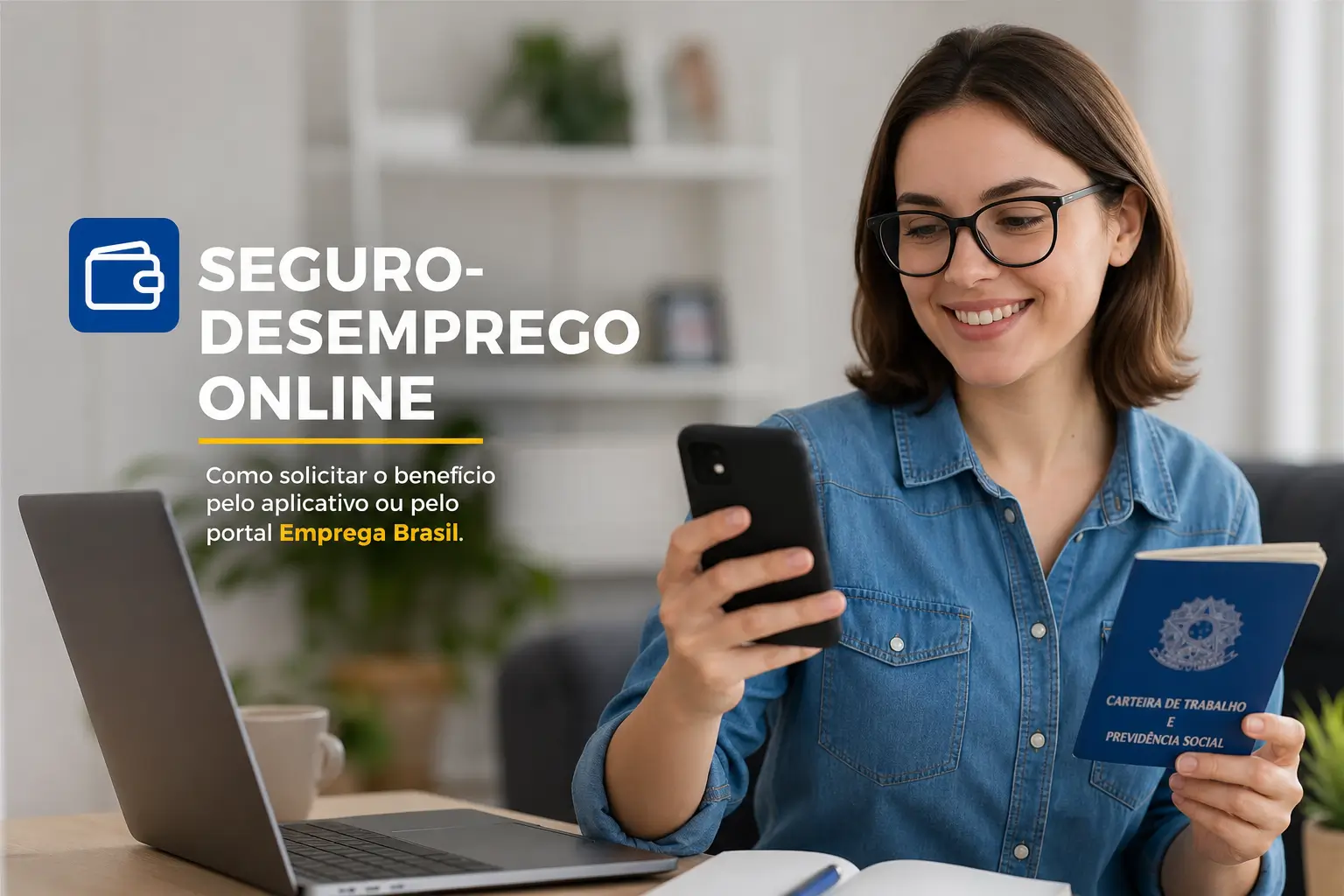Mulher com óculos usa smartphone e laptop com Carteira de Trabalho